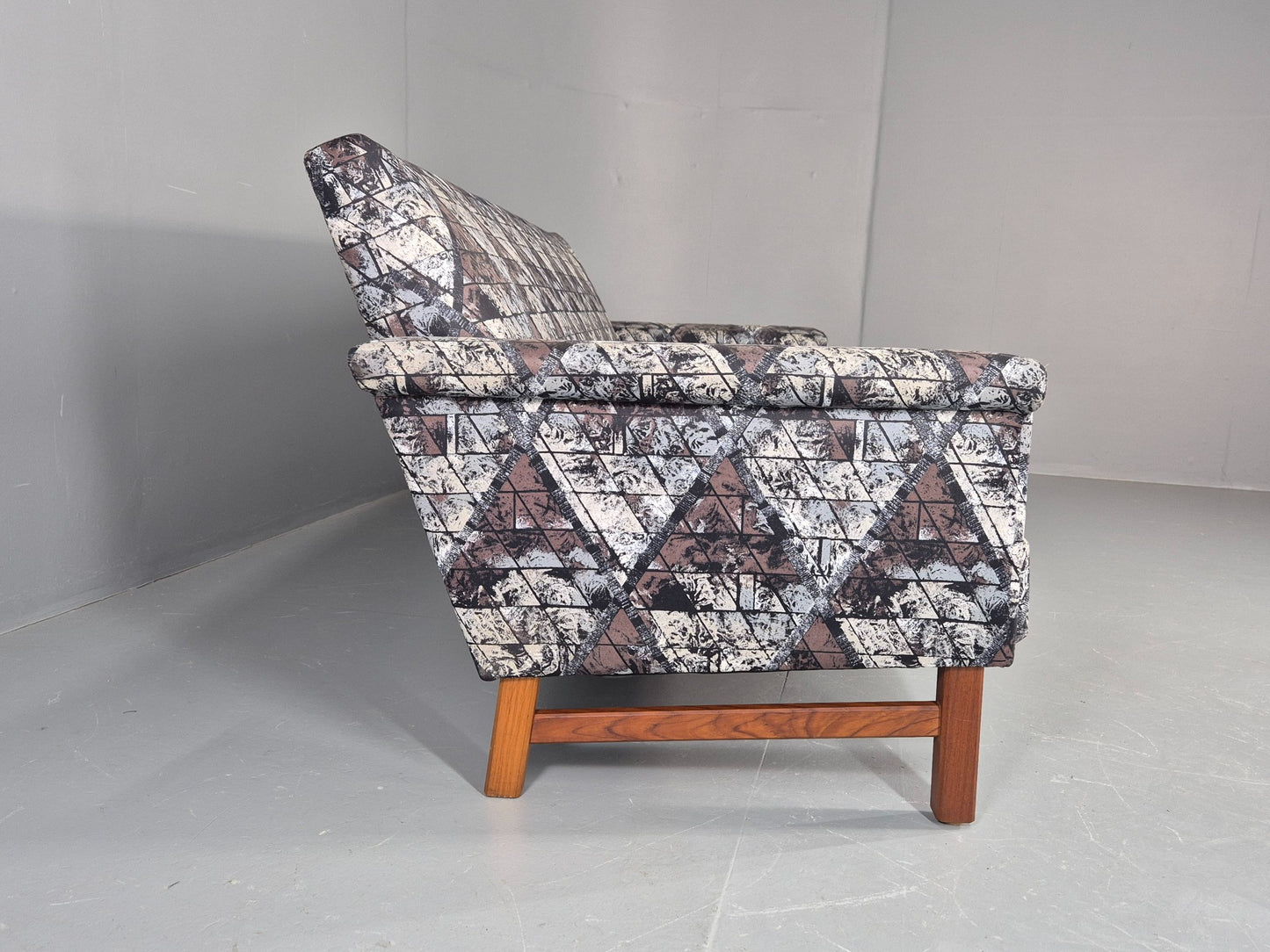 Vintage Mid Century Modern 3 Seater Sofa Swedish Abstract Fabric 1960s EB11077