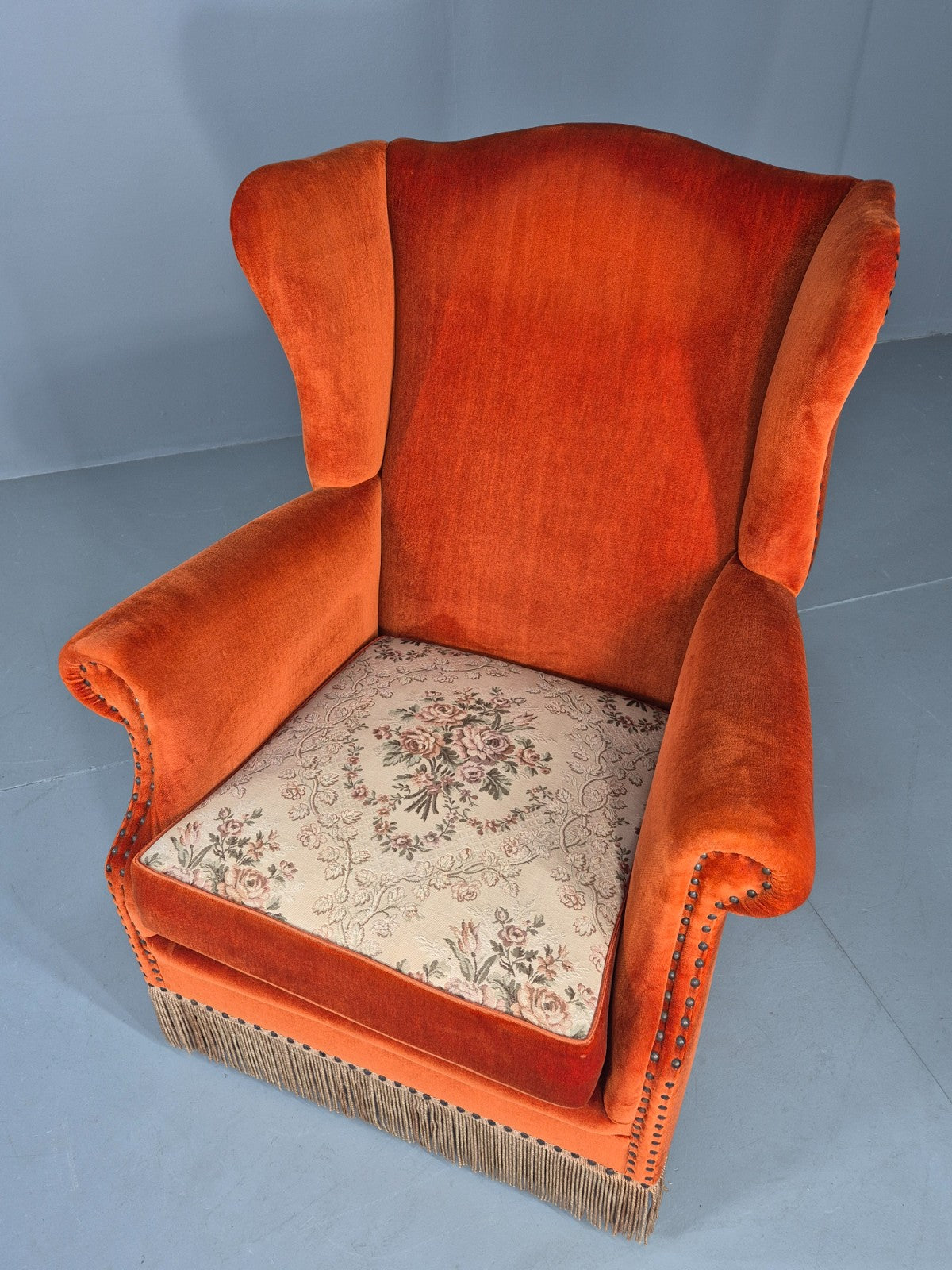 Vintage Wing Back Lounge Chair Danish 20th Century Orange Cream Tassels  EB12707