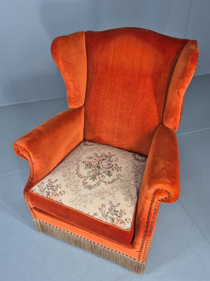 Vintage Wing Back Lounge Chair Danish 20th Century Orange Cream Tassels  EB12707