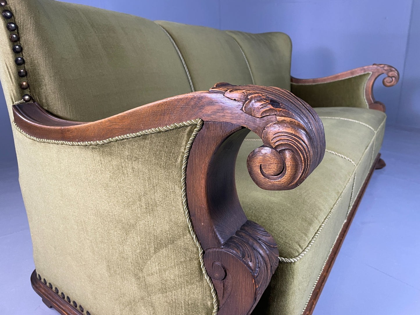 Antique 3 Seat Sofa Danish Oak Frame Green Velour 1900s EB06460