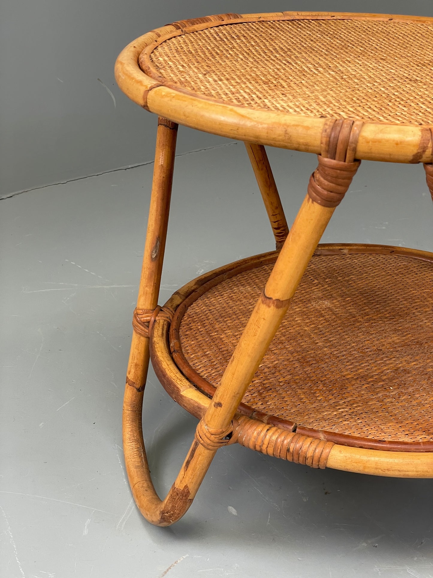 Vintage Rattan Side Table Cane Frame Mid Century Retro Round EB11881