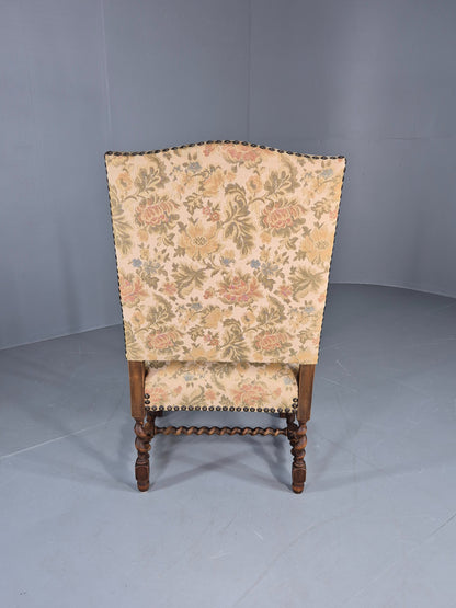 Vintage Baroque Style Armchair Carved Oak Frame 1950s Danish Antique EB12700