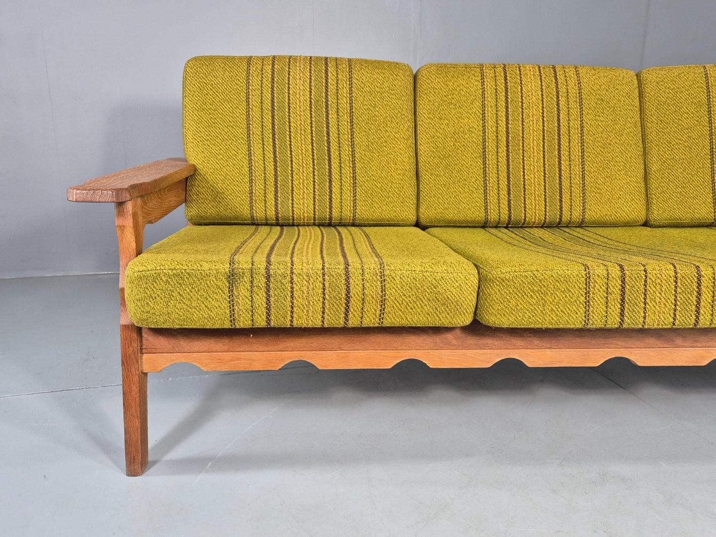Vintage Danish 3 seater Sofa Oak Kjaenulf Green Cushions 1970s Retro EB12781