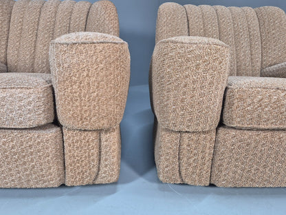 2 Vintage Art Deco Armchairs Beige Chenille Upholstery 1940s EB09684