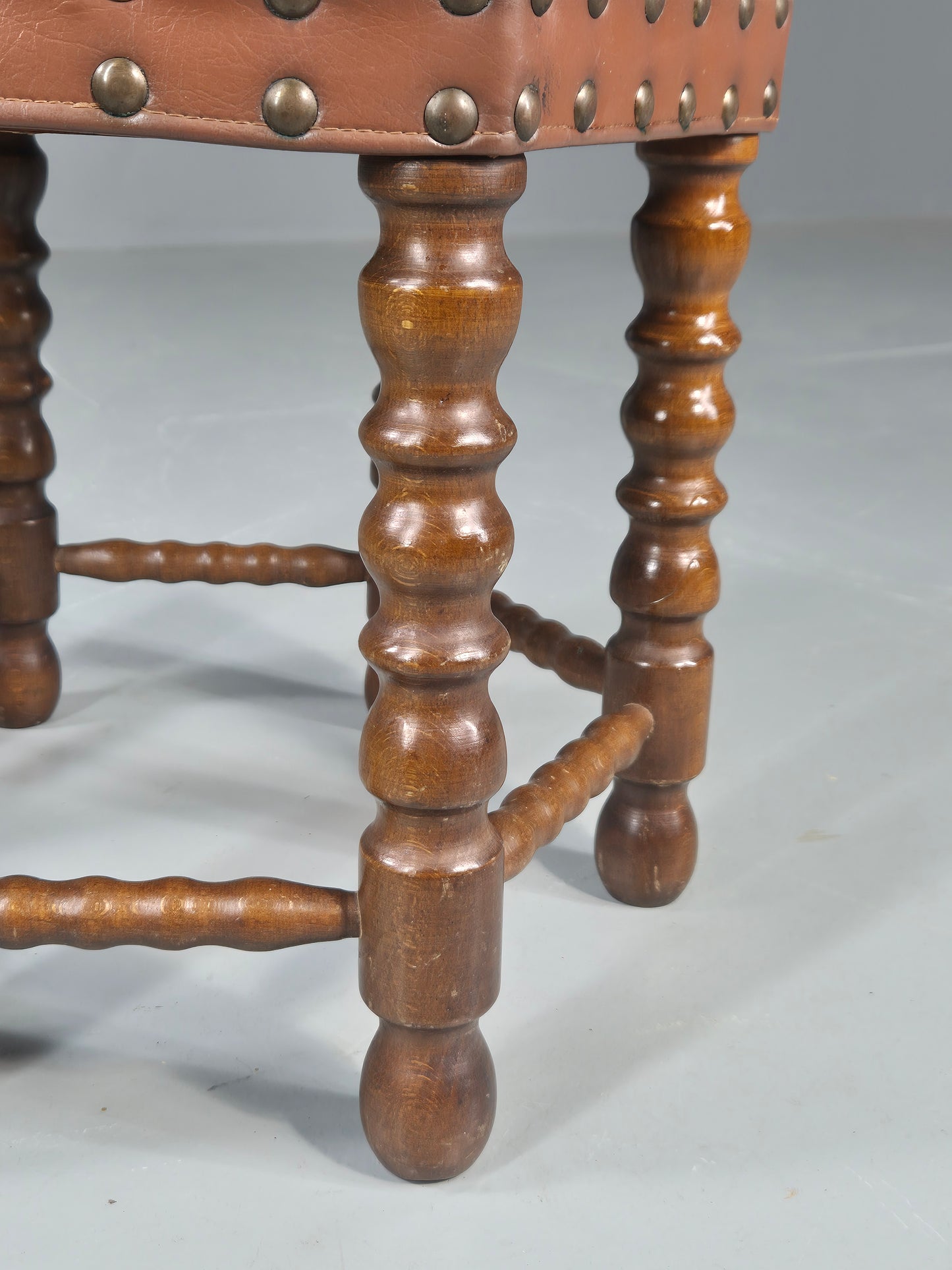 Vintage Stool Brown Vinyl Upholstery Oak Bobbin Turned Frame Hexagonal EB11306