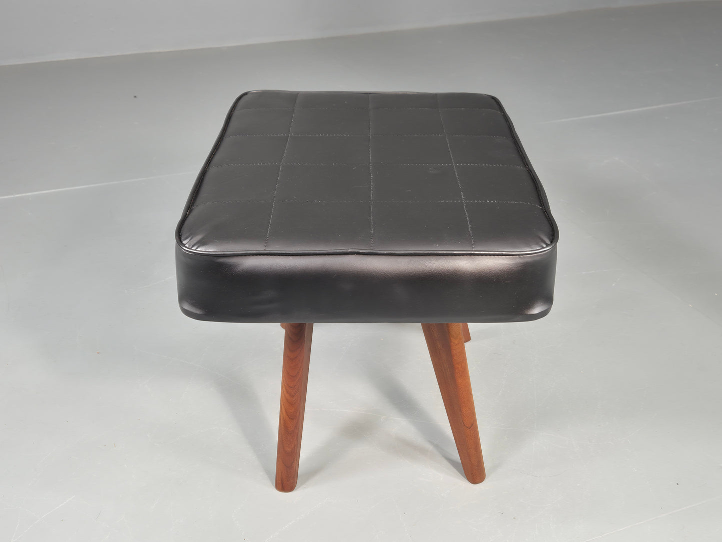 Vintage Mid Century Danish Footstool Black Vinyl Teak Legs 1960s Retro EB12148