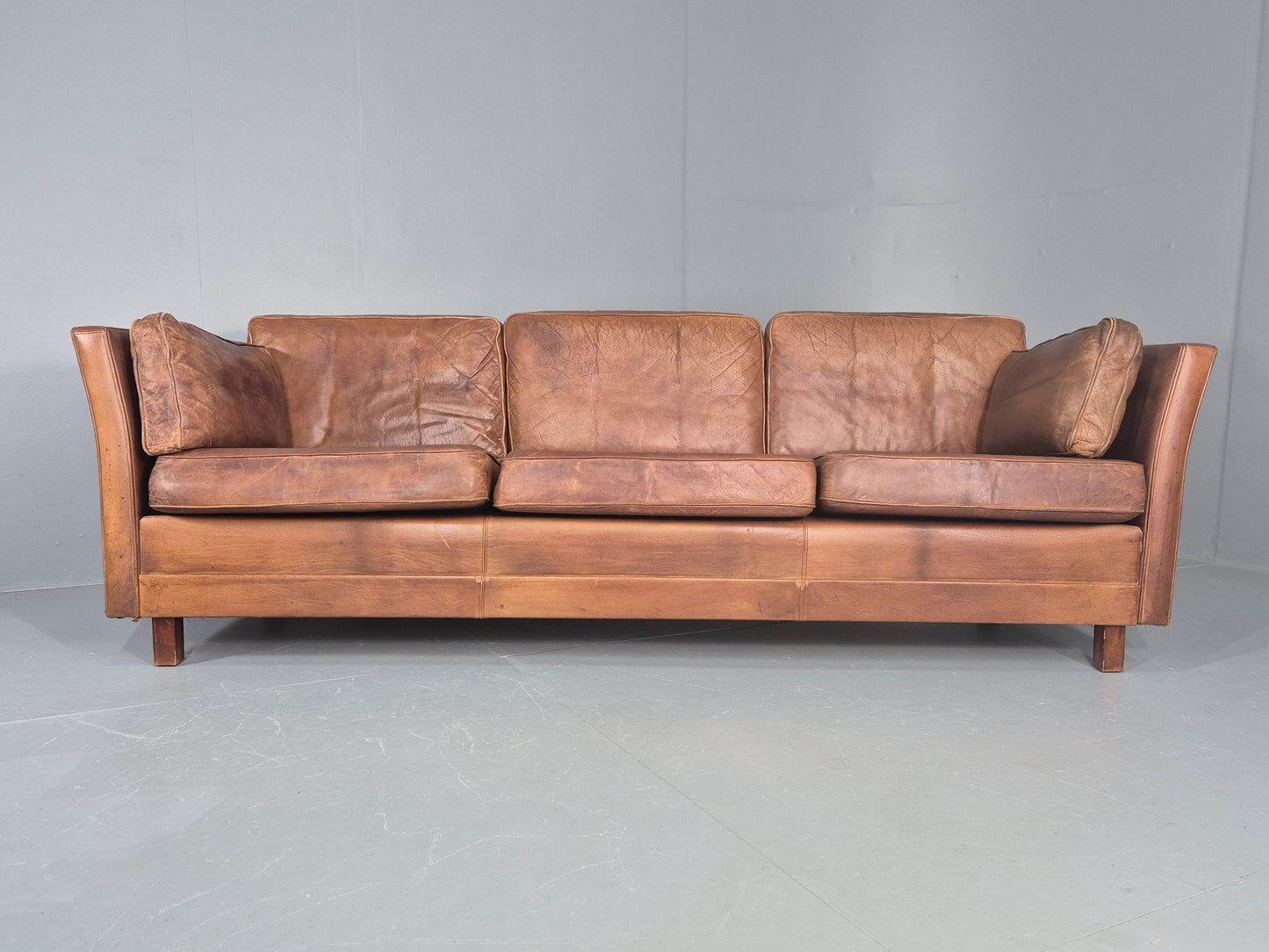Vintage 3 seater sofa Danish Brown Leather 1970s Mid Century Retro EB10498