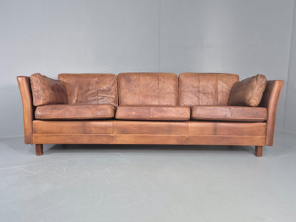 Vintage 3 seater sofa Danish Brown Leather 1970s Mid Century Retro EB10498