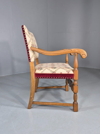 Vintage Danish Baroque Armchair Carved Oak Frame Tapestry Seat EB12113