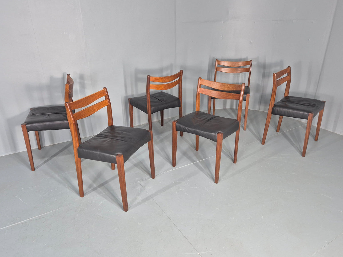 6 Vintage Danish Teak Dining Chairs Mid Century Leather Mogens Kold  EB12650