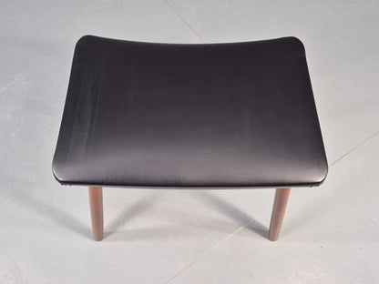 Vintage Danish Mid Century Footstool Black Vinyl Beech Legs 1960s Retro EB12157