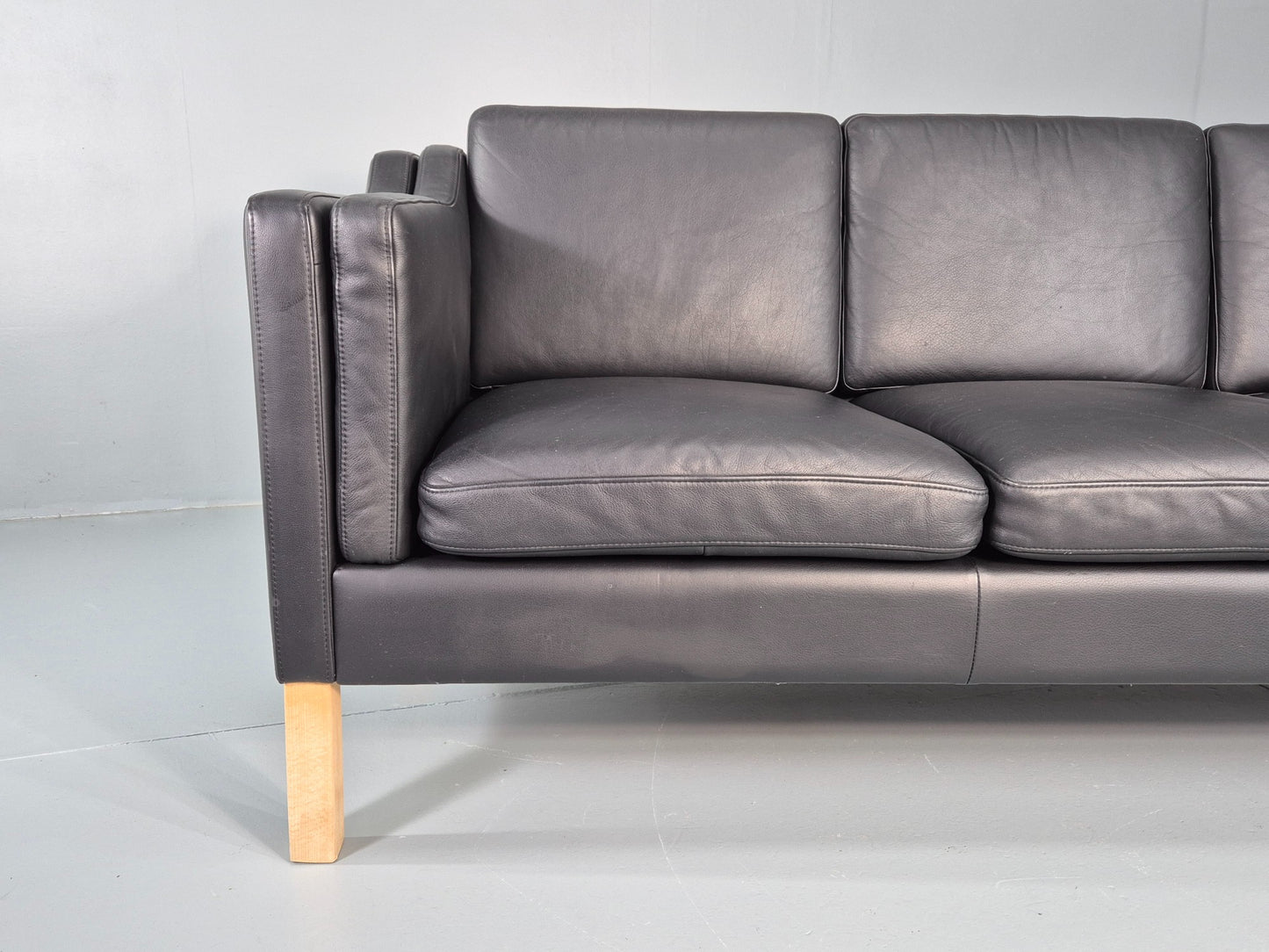 Vintage 3 Seater Sofa Danish Black Leather Mogensen Style Retro MCM 80s EB12440