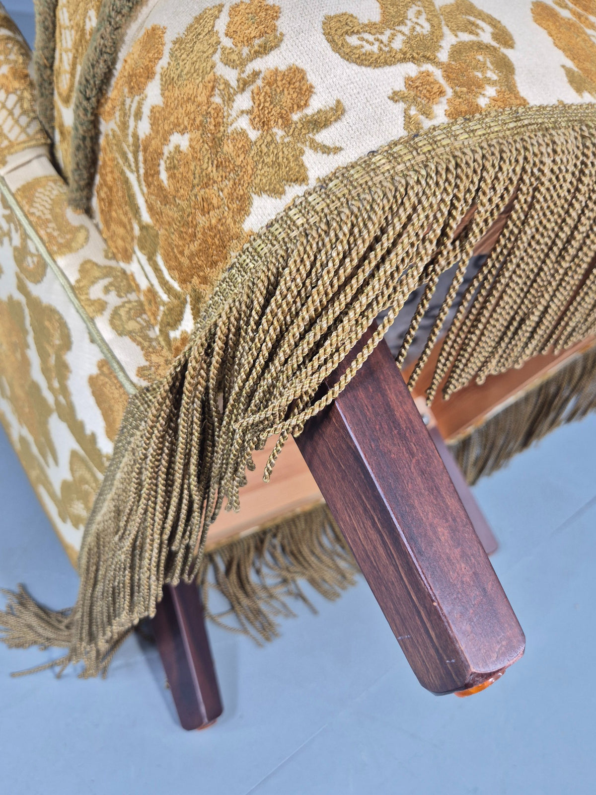 Vintage Danish 1970s Bedroom Tub Chair Gold Floral Flock Tassels EB12685