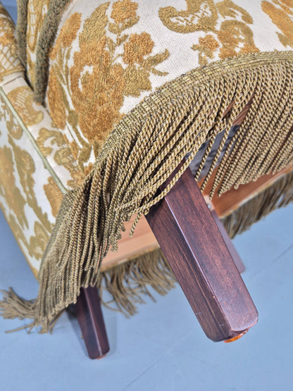 Vintage Danish 1970s Bedroom Tub Chair Gold Floral Flock Tassels EB12685