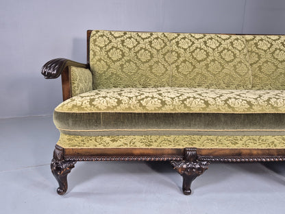 Antique 3 Seater Sofa 1920s Danish Carved Frame Green Moquette  EB12005