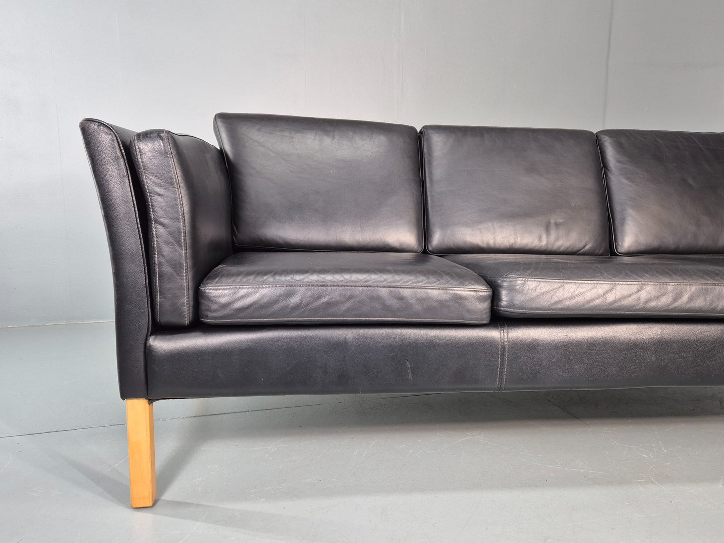 Vintage 3 seater sofa Danish Black Leather and Vinyl 1980s Retro EB11642