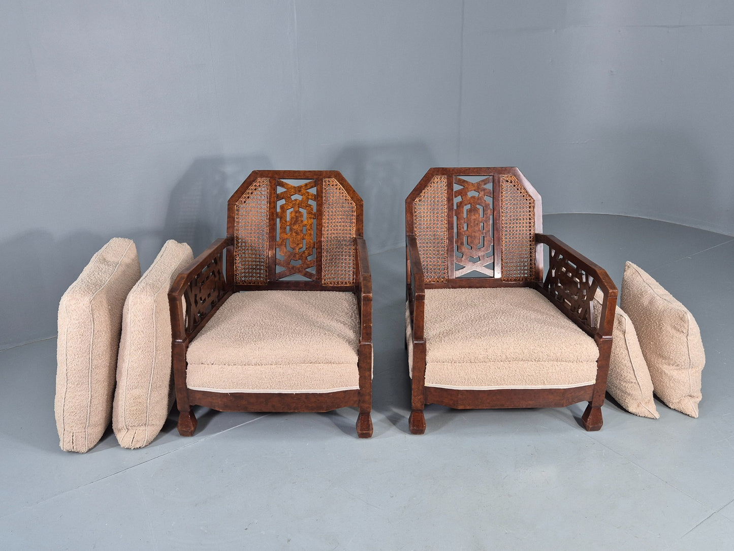 Vintage Art Deco Pair Armchairs Dappled Walnut White Boucle Bergere EB12556