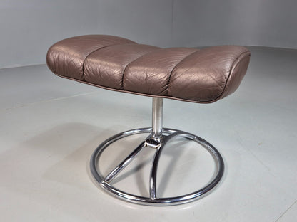Vintage Mid Century Footstool Stressless 1970s Brown Leather Chrome EB07922
