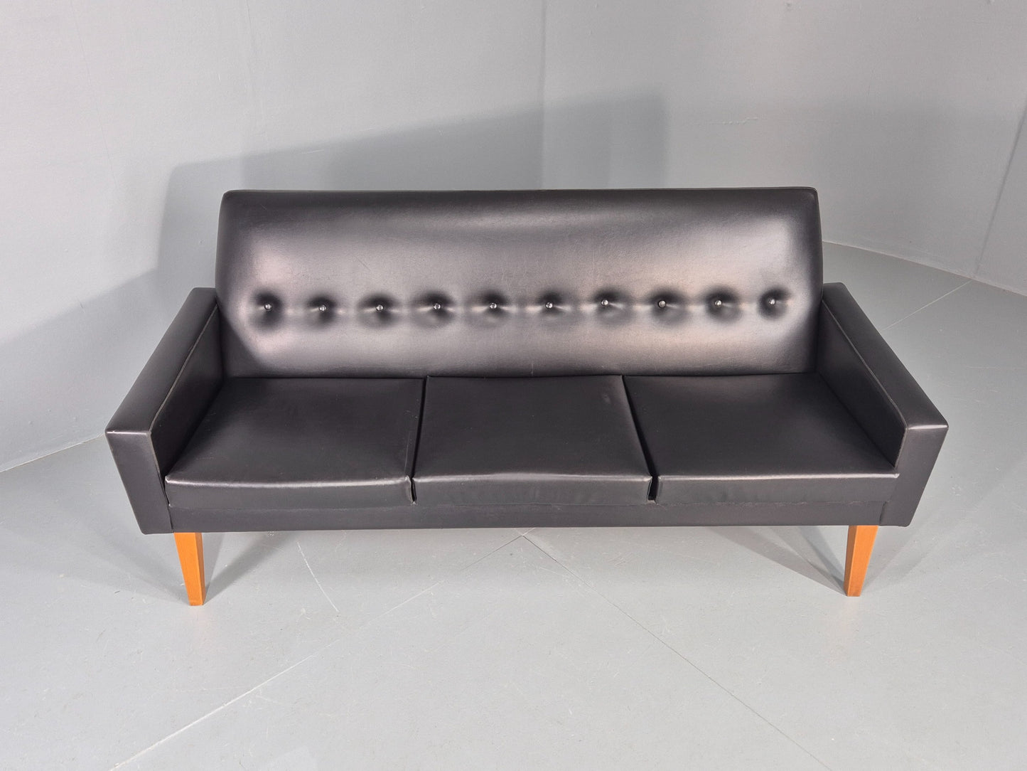 Vintage Three Seat Sofa 1960s Swedish Black Vinyl Upholstery Retro EB11126