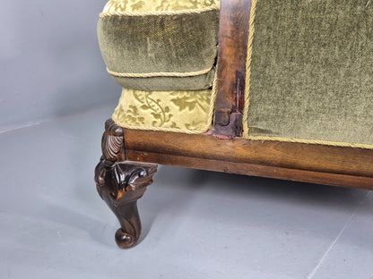 Antique 3 Seater Sofa 1920s Danish Carved Frame Green Moquette  EB12005