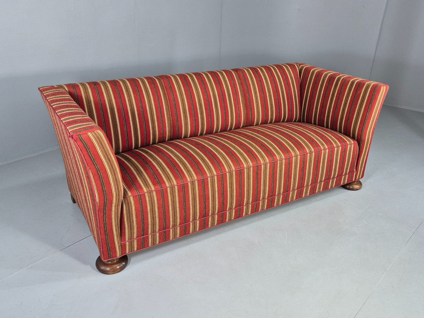 Vintage Art Deco Danish 3 Seater Sofa Red Wool Stripe Upholstery 1940s  EB12701