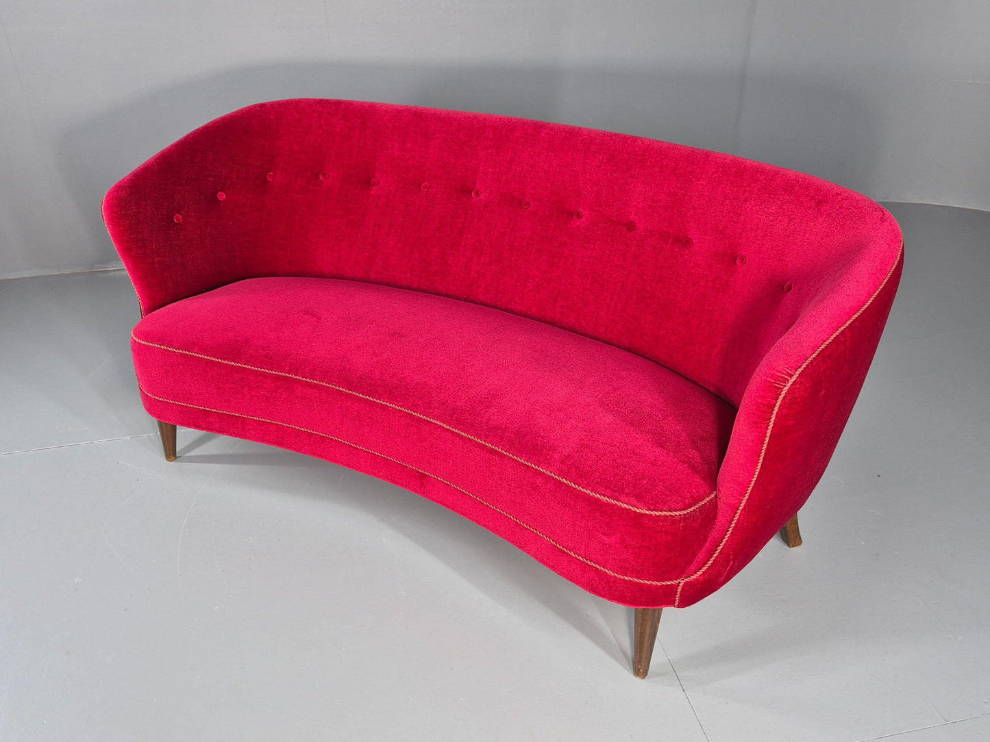 Vintage Danish Banana Sofa 3 Seater Red Velvet Velour 1950s Classic MCM EB12399