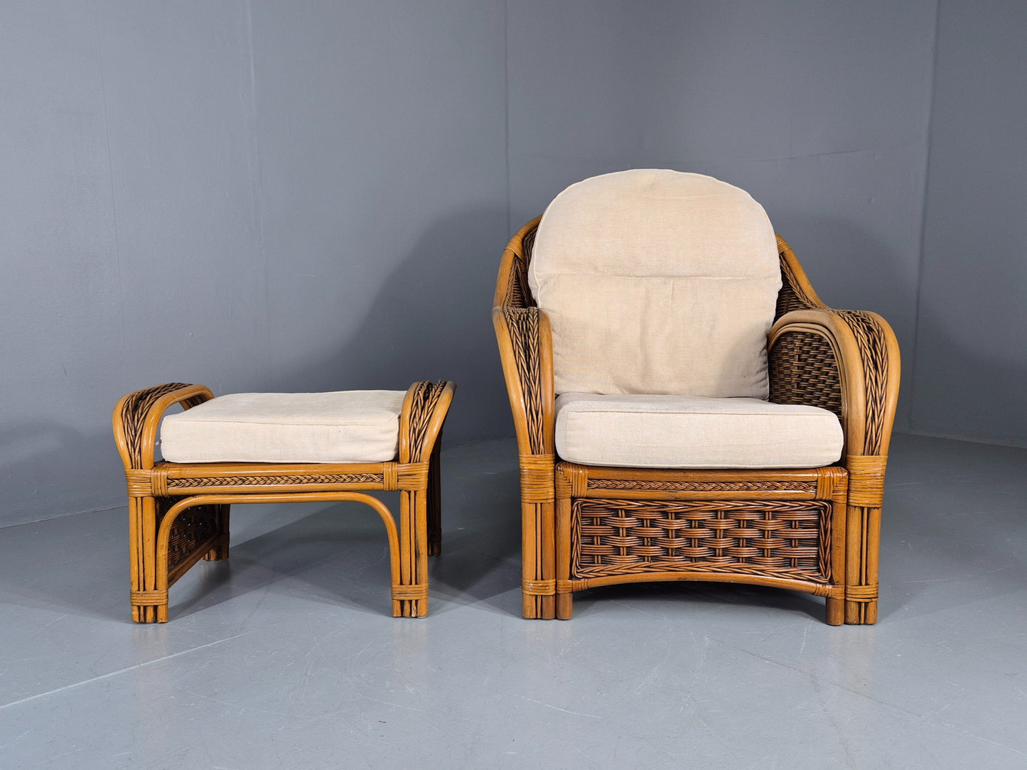 Vintage Bamboo and Rattan Chair and Footstool 1980s Retro Conservatory EB12808