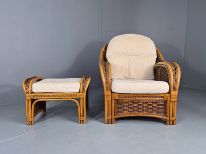 Vintage Bamboo and Rattan Chair and Footstool 1980s Retro Conservatory EB12808
