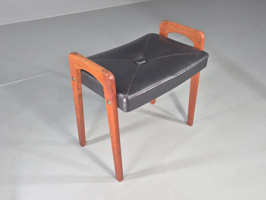 Vintage Danish Mid Century Footstool 1960s Teak Black Vinyl Retro EB12087