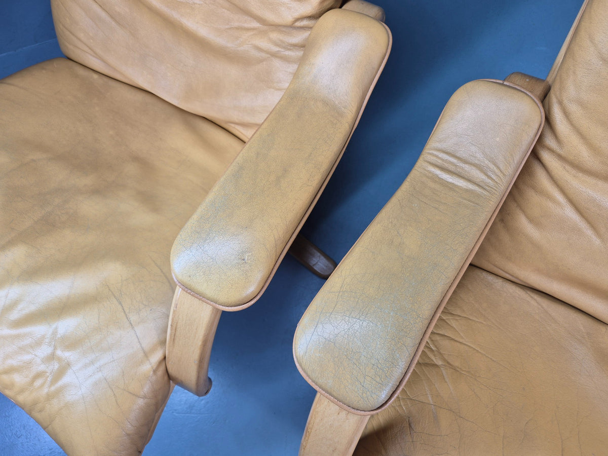2 Vintage Tan Leather Lounge Chairs 1980s Danish Swivel Bentwood Bases EB13081