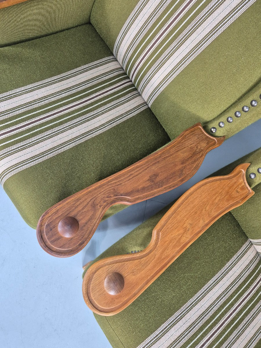 2 Vintage Lounge Chair Kjaernulf Style Oak Frames Green Wool 1970s Retro EB12687