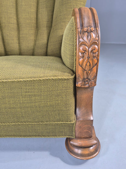 Vintage Art Deco Lounge Chair Danish Oak Shell Back 1940s Retro Green EB12693