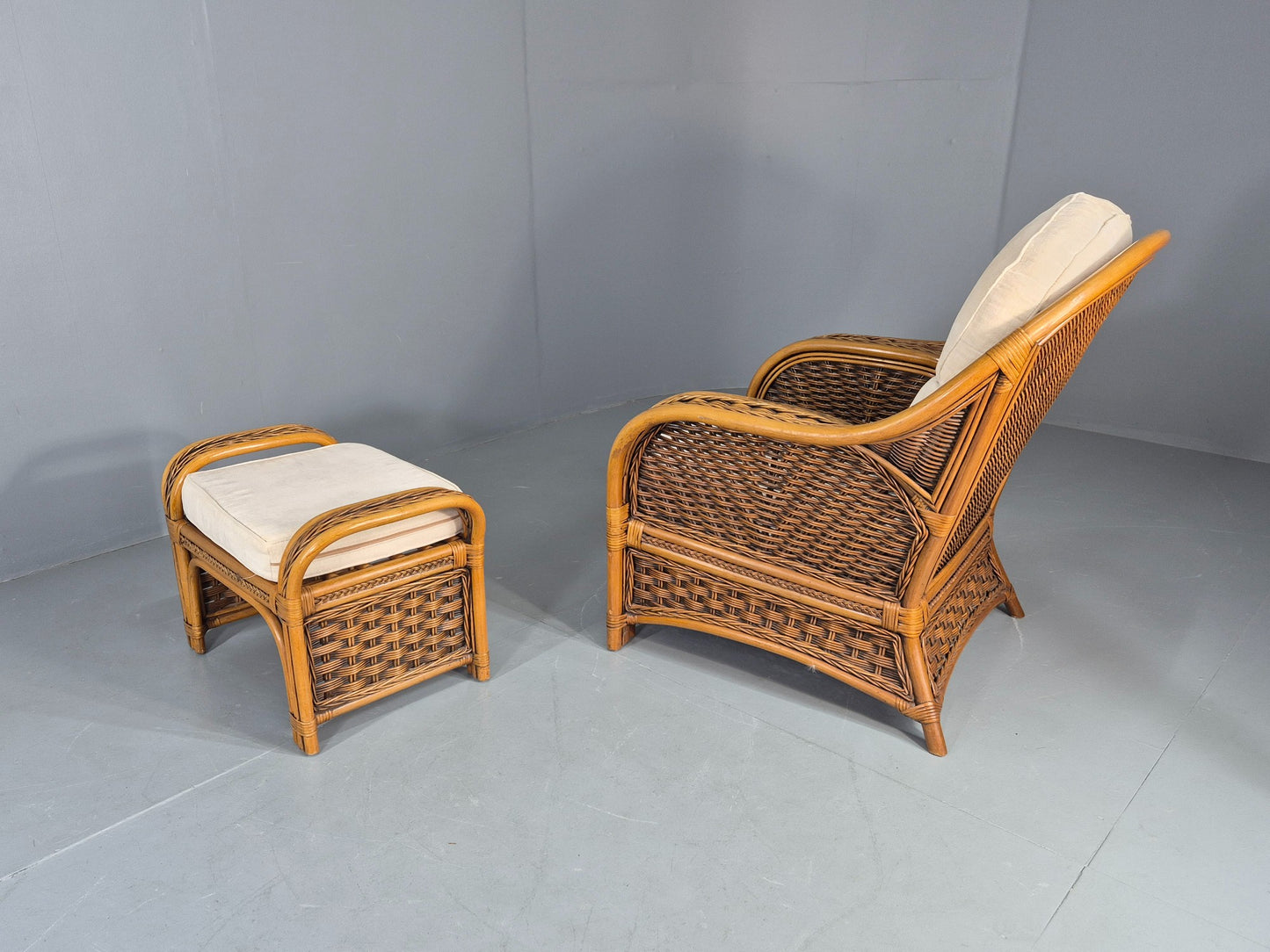 Vintage Bamboo and Rattan Chair and Footstool 1980s Retro Conservatory EB12808