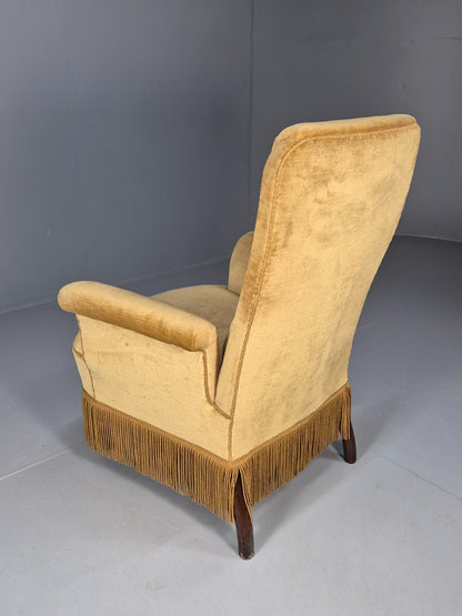 Vintage Gold Velour Danish Armchair 1920s Tassels High Back EB9635 VCLO