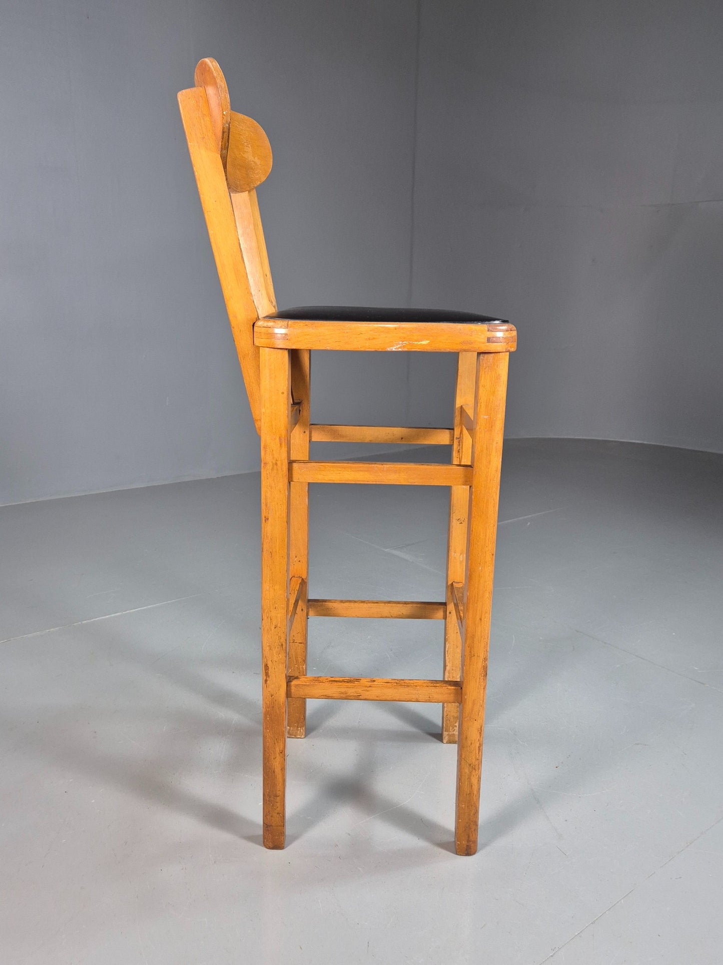 Vintage Mid-century Black Vinyl and Beech Bar Stool 1960s Retro EB07918
