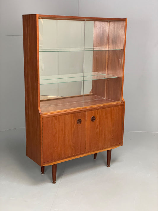Vintage 1960s Teak Bookcase Mid Century Retro Glazed Mirrored Shelving EB13113