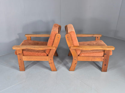 2 Vintage `Armchars Scandinavian Chunky Pine Frames 1970s Retro EB12777