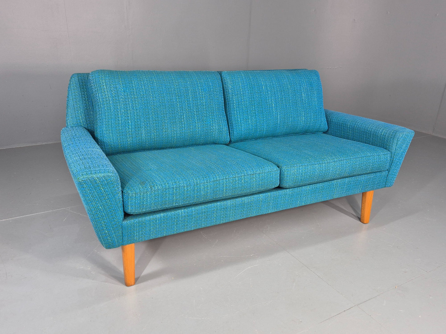 Vintage Mid Century 2 Seater Sofa Swedish 1960s Original Blue Wool Retro EB11079