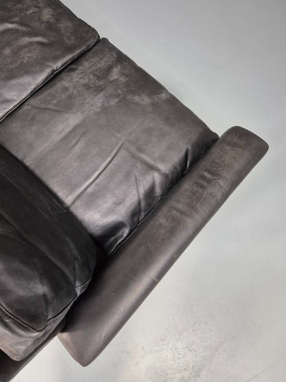 Vintage 3 Seater Black Leather Sofa 1960s Danish Thams Retro MCM EB09926