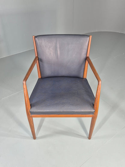 Vintage Mid Century Teak Armchair Blue Leather 1960s Retro EB11901