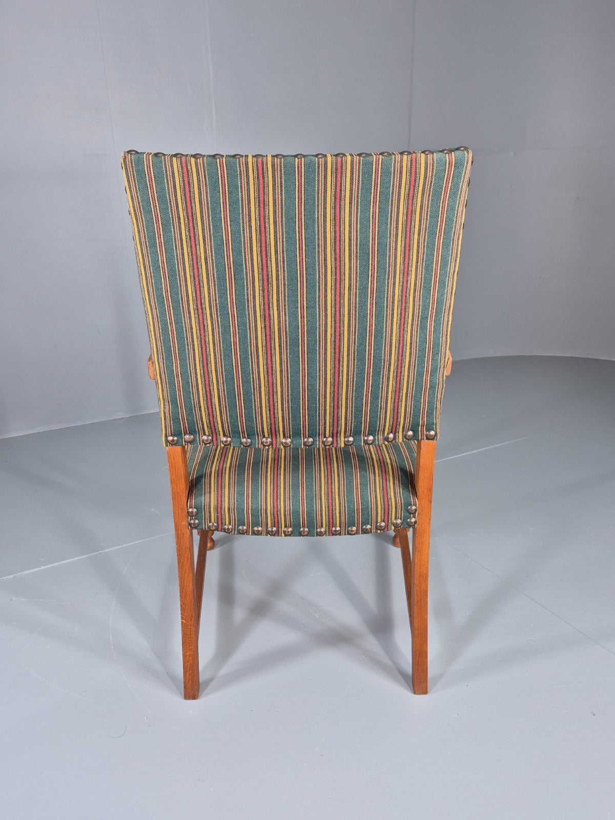 Vintage Danish Baroque Style Arm Chair Oak and Striped Wool 1960s  EB12460