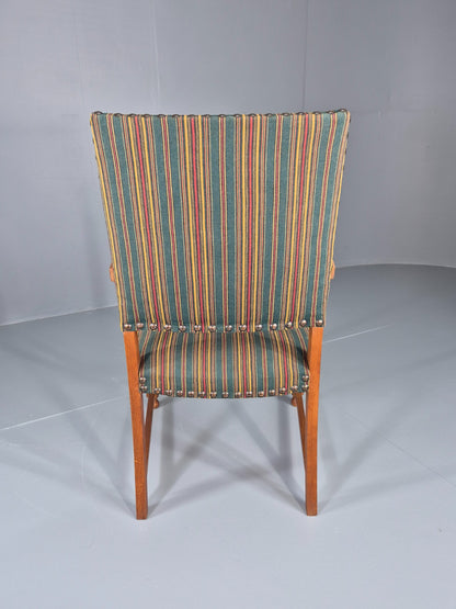 Vintage Danish Baroque Style Arm Chair Oak and Striped Wool 1960s  EB12460