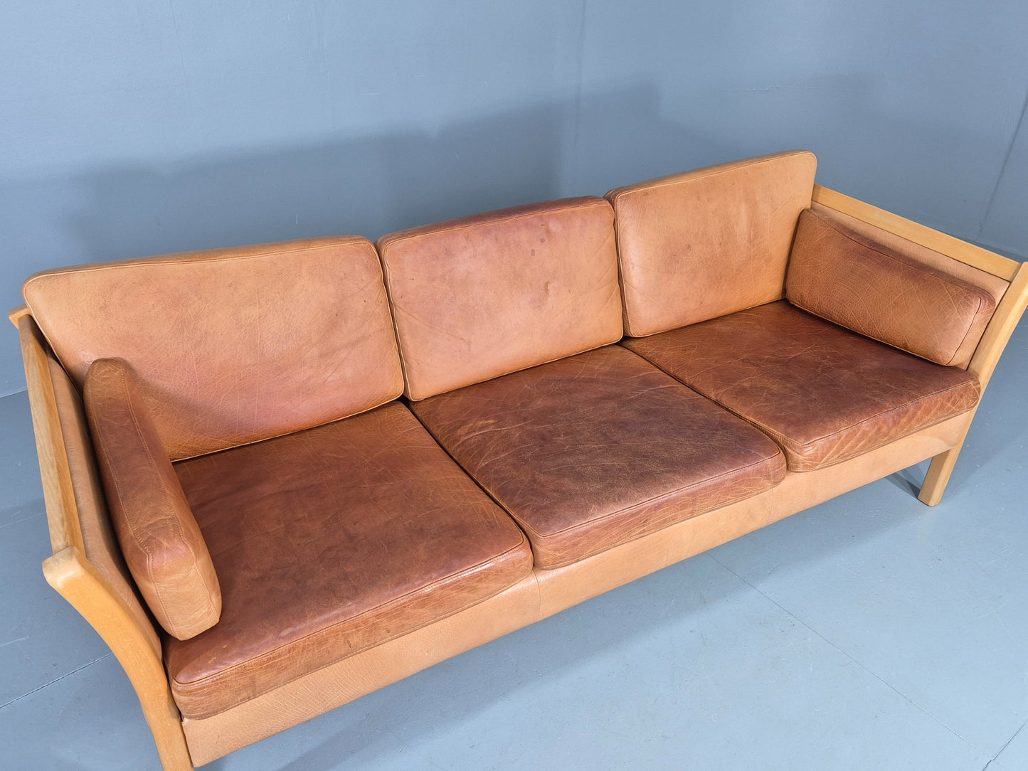Vintage Stouby 3 seater Sofa Tan Leather 1980s Retro Mid Century Modern EB11610