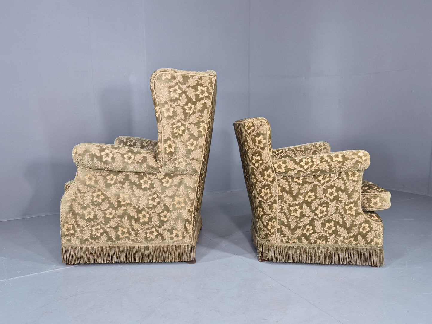2 Vintage Danish Armchairs Green Floral Moquette Tassels 1960s Cottage EB12689