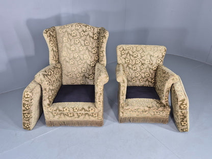 2 Vintage Danish Armchairs Green Floral Moquette Tassels 1960s Cottage EB12689