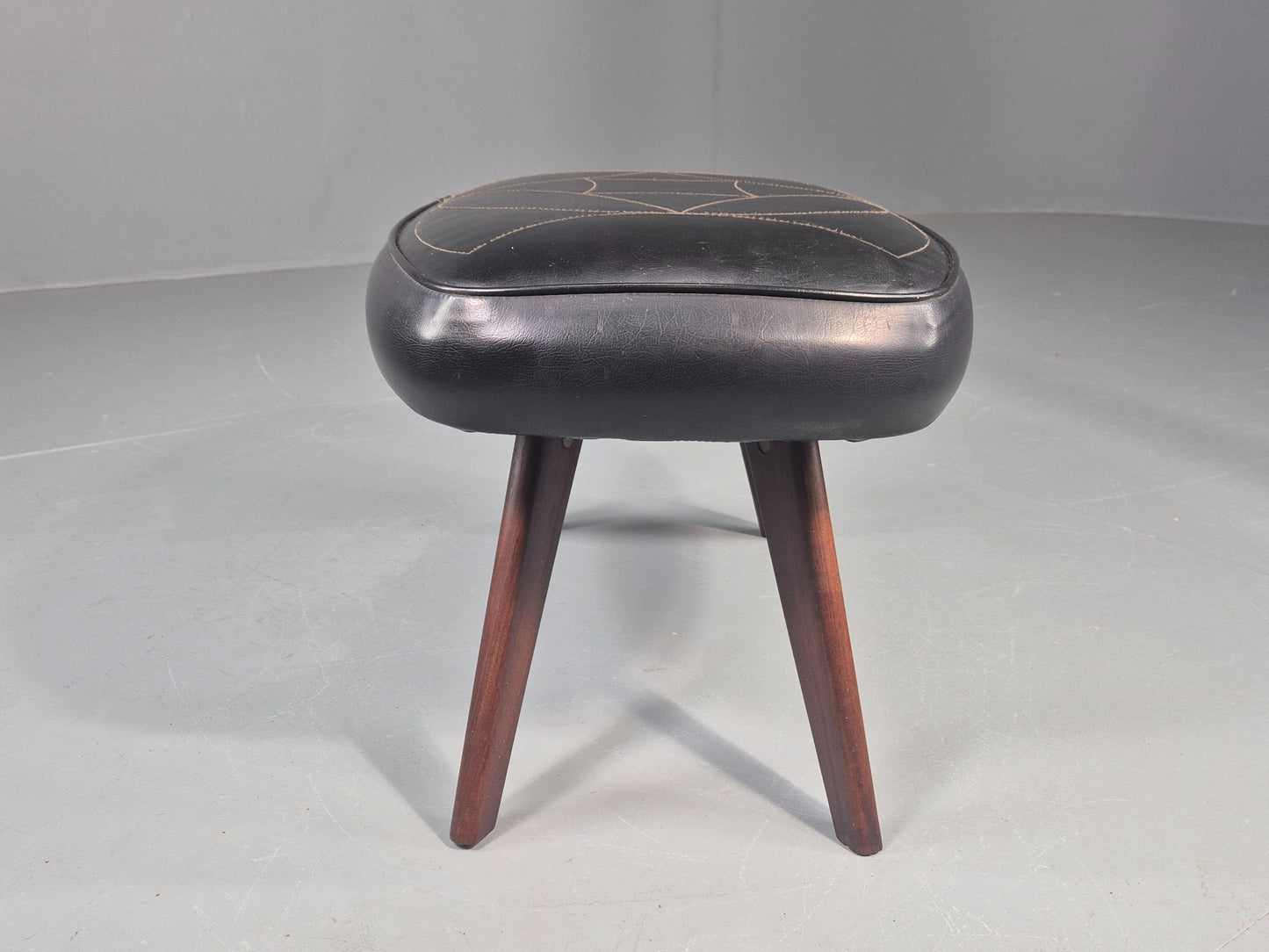 Vintage Danish Mid Century Footstool Black Vinyl Teak Legs 1960s Retro EB12048