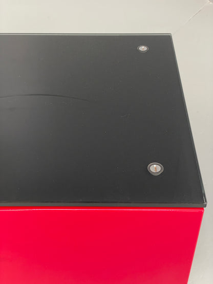 Modern Low TV Unit Glass Top Red Black Aluminium Handles Drawers EB12878