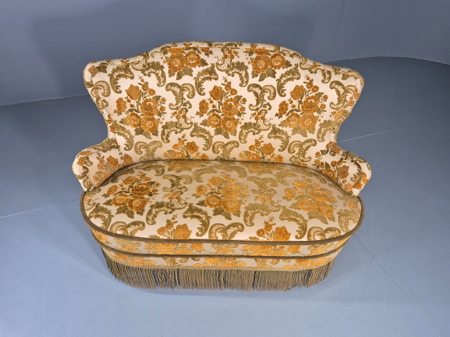 Dinky Danish 2 seat Sofa 1970s Glam Gold Floral Moquette Kitsch Retro EB12738