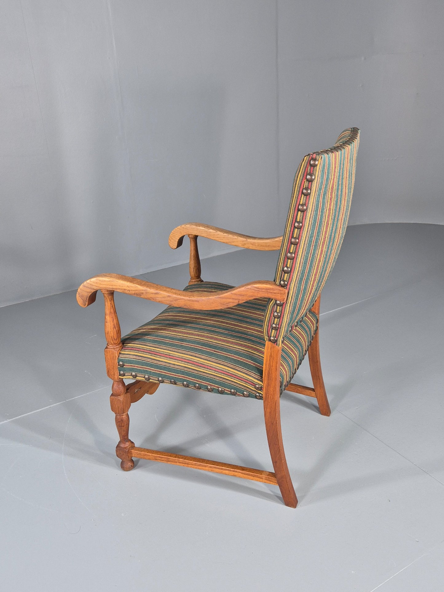 Vintage Danish Baroque Style Arm Chair Oak and Striped Wool 1960s  EB12460