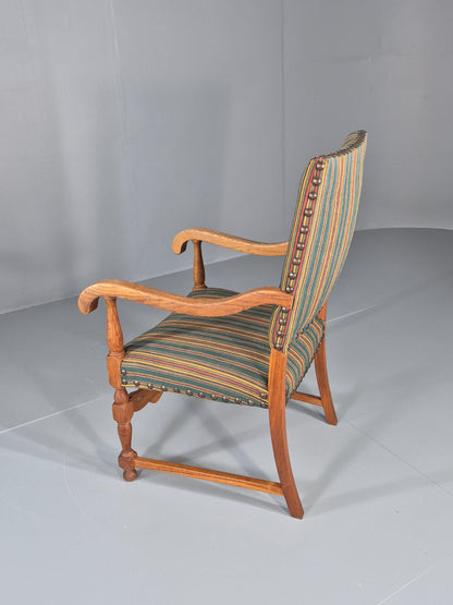 Vintage Danish Baroque Style Arm Chair Oak and Striped Wool 1960s  EB12460